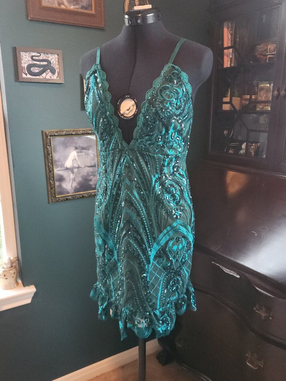 NWT Pretty Little Thing Emerald Green Sequin Lace Bodycon Dress